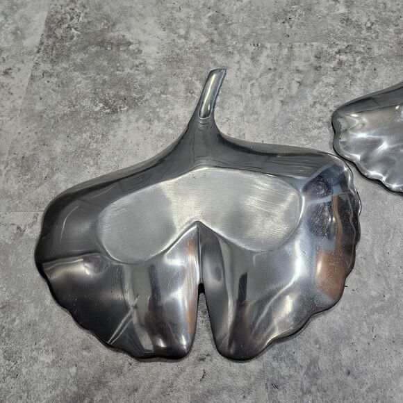 Set Of 3 Modern Style Silver Tone Aluminum Ginkgo Leaf Trinket Catchall Tray - Picture 5 of 9